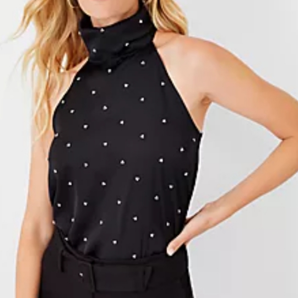 Ann Taylor Pearlized Mixed Media high neck Halter Top XL Black